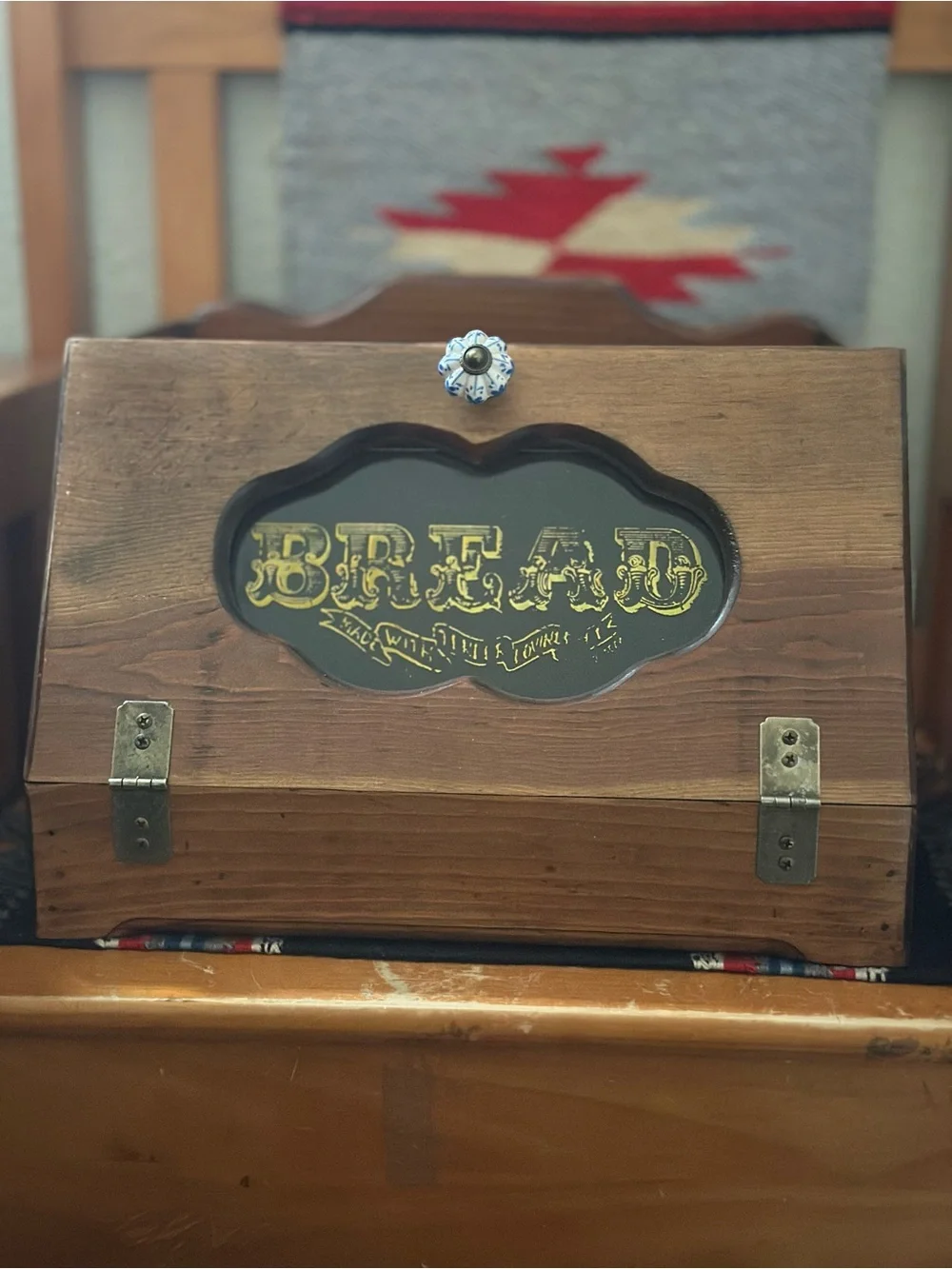 Amish Wooden Bread Box with Decorative Glass Panel
